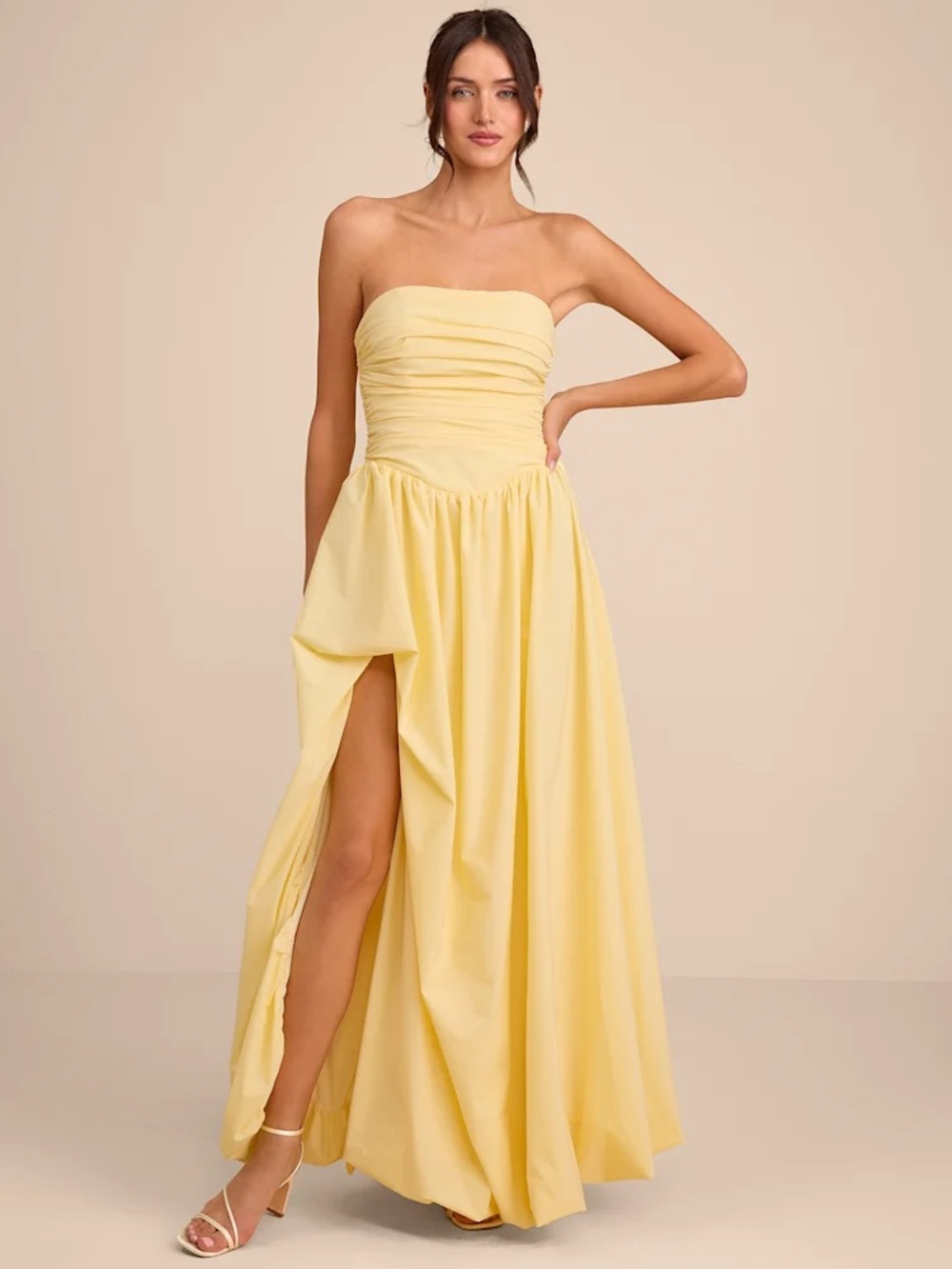 NWT Lulus Marilou Light Yellow Strapless Ruched Lace-Up Maxi Dress